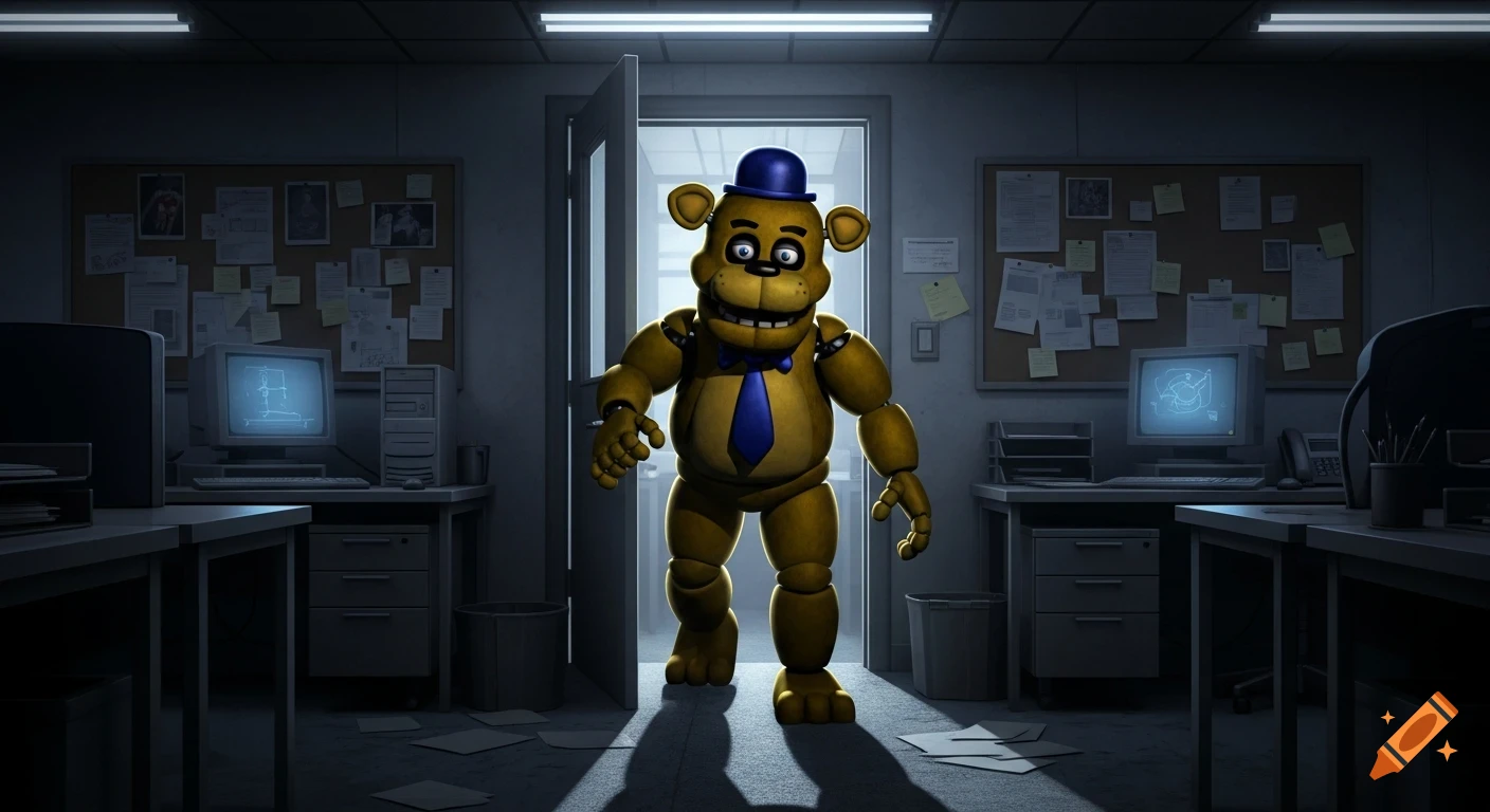 A golden animatronic bear with a blue hat and tie walks out of a doorway into a dimly lit office with computers and bulletin boards.