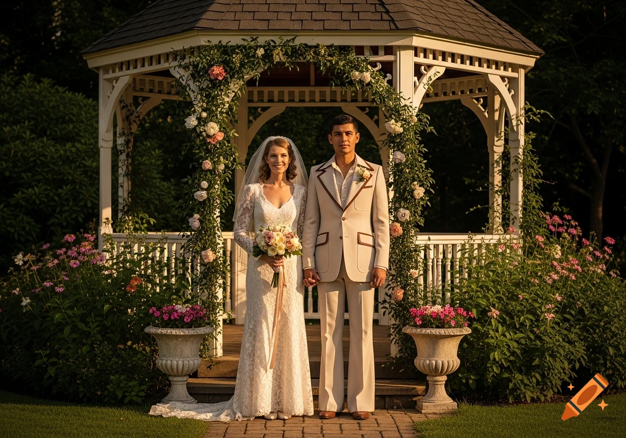 Photorealistic image of a bride in a lace dress and groom in a 70s suit holding hands in front of a flower-covered gazebo at an outdoor wedding.