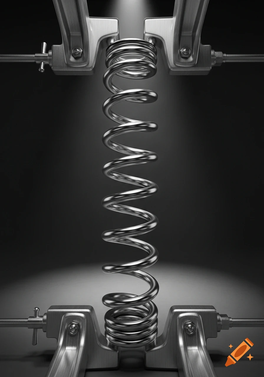 A shiny metallic spring held vertically between two industrial clamps on a dark background, spotlit from above.