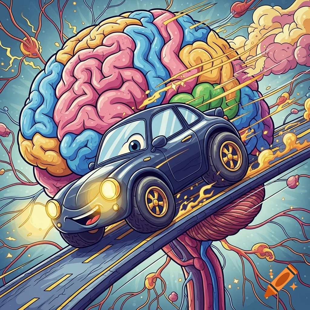 A colorful cartoon of a black car with a smiling face driving on a road built over a large, multi-colored human brain.