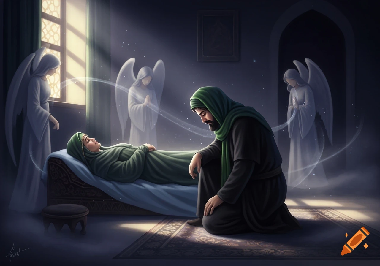 A man kneels beside a woman lying on a bed, surrounded by luminous angels in a dimly lit room with sunlight streaming through a window. The style is illustrative.