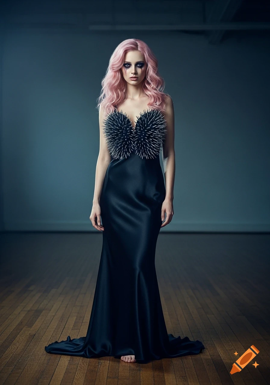 Full-body portrait of a woman with pastel pink hair, dramatic makeup, and a black spiked gown, standing barefoot on a wooden floor.