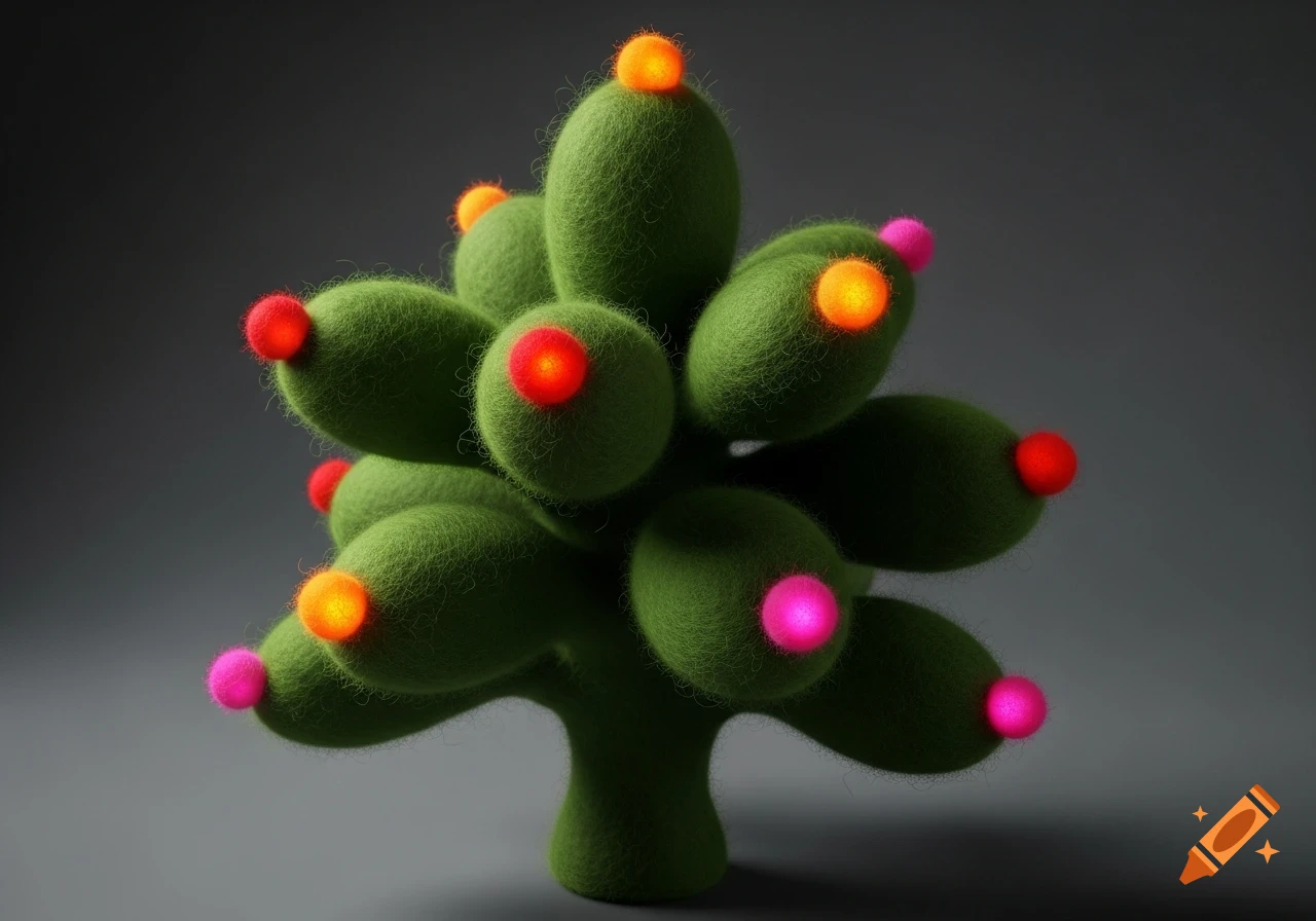 A stylized green needle felt tree with glowing orange, red, and pink fuzzy balls against a dark background.