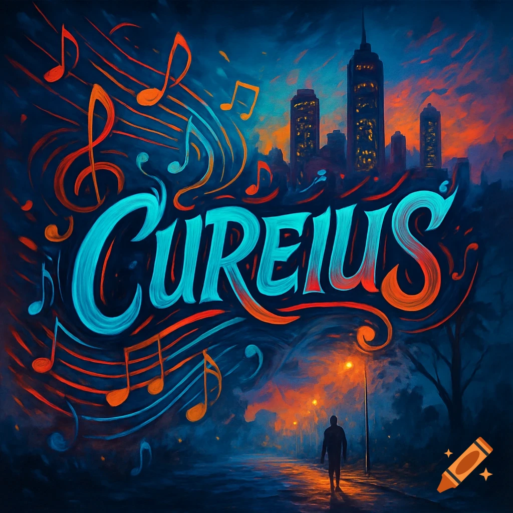 Stylized album art of a vibrant city night with 'CUREIUS' text, musical notes, and a lone figure walking.