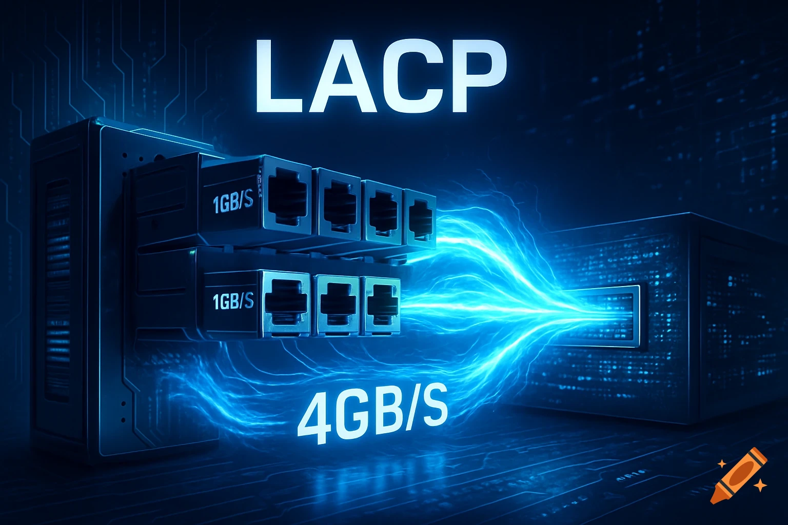 A digital graphic showing network ports labeled '1GB/S' with glowing blue data streams combining into a '4GB/S' connection, with 'LACP' text above, on a circuit board background.