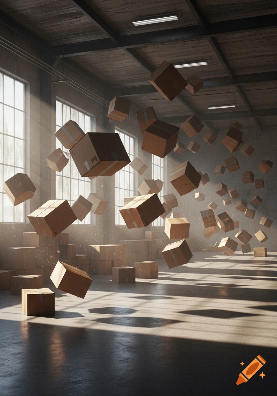 Photorealistic image of many brown cardboard boxes flying through a dusty warehouse with sunlight streaming through large windows.