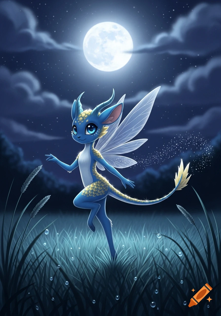 A cute blue fairy-like creature with transparent wings, golden scales, and a long tail stands in grassy moonlight.