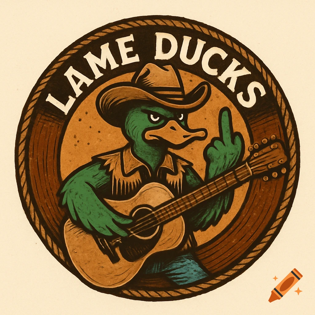 A round logo of an angry green duck in a cowboy hat playing an acoustic guitar and extending its middle finger. The text "LAME DUCKS" is above.