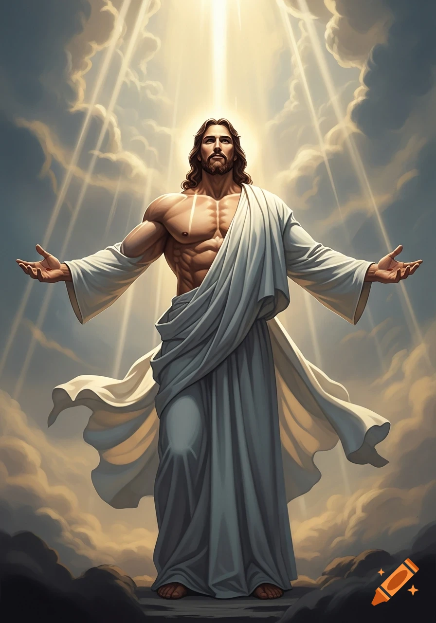 A muscular Jesus with long hair and a beard, wearing a white robe, stands with arms outstretched amidst radiant light and clouds in a dramatic fantasy art style.