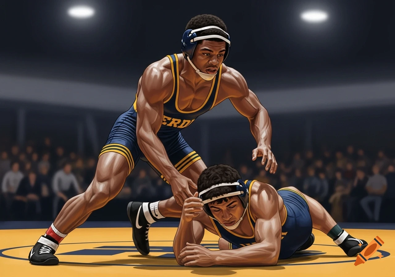 Two muscular male wrestlers in blue and yellow singlets on a mat in an arena, one standing over the other who is on the ground. Illustrated style.