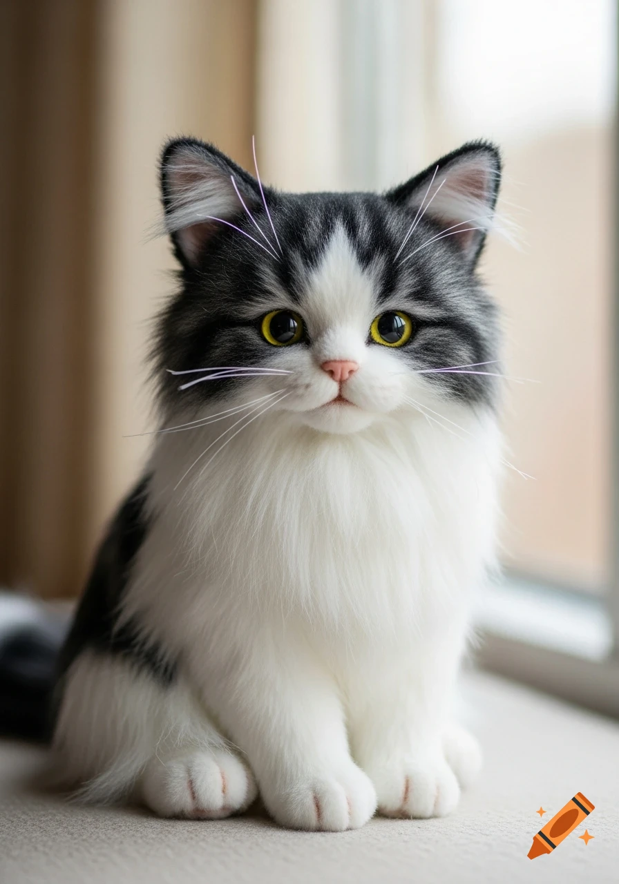 Close-up of a fluffy black and white cat plush toy with bright yellow eyes, sitting indoors in soft light.