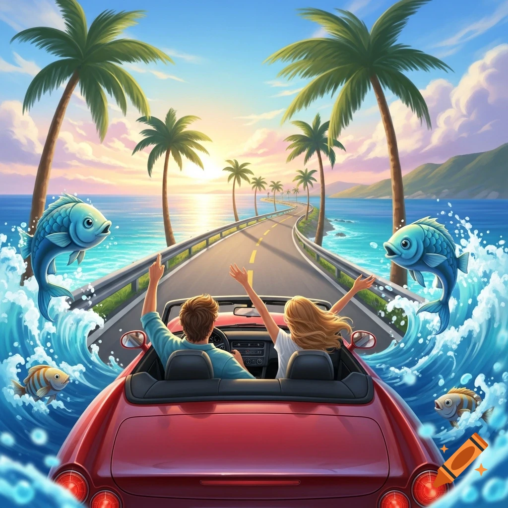 A cartoon couple in a red convertible drives on a coastal road lined with palm trees at sunset, with large fish leaping from the ocean waves.