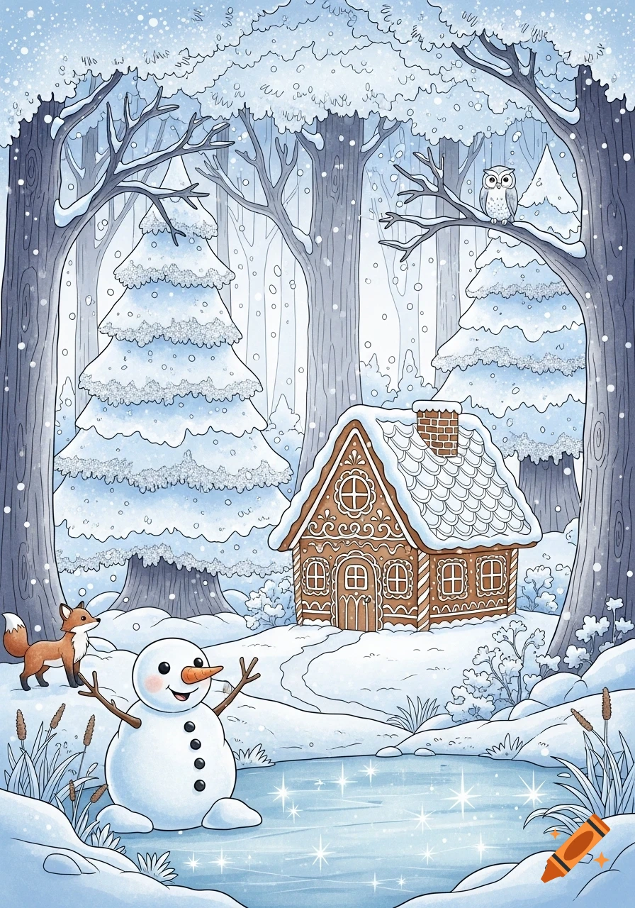 A cartoon winter wonderland coloring page with a gingerbread house, snowman, fox, and owl in a snowy forest.
