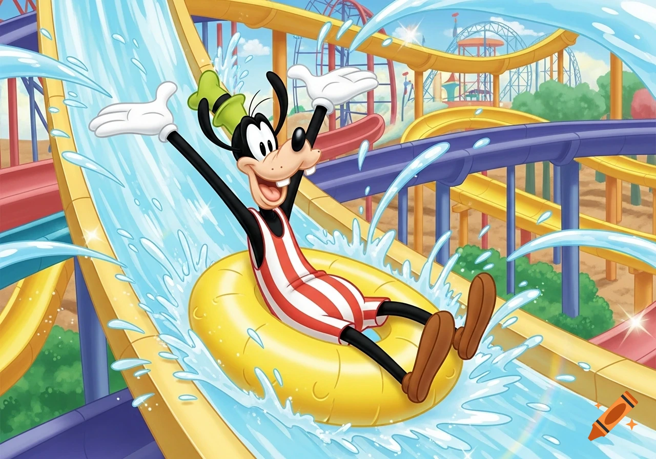 Goofy in a vintage red and white striped bathing suit, on a yellow innertube, splashing down a water park slide.