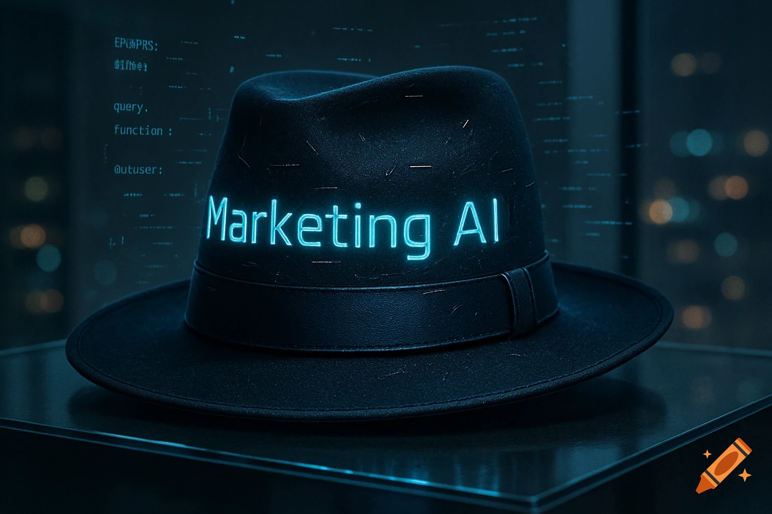 A black fedora hat with 'Marketing AI' glowing in blue neon text, set against a blurred background of city lights at night.