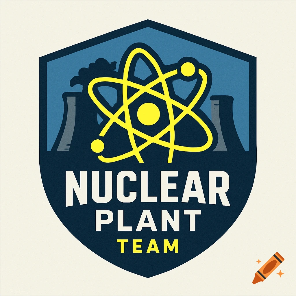 A blue and yellow shield logo for a 'NUCLEAR PLANT TEAM', featuring an atom symbol and nuclear cooling towers.