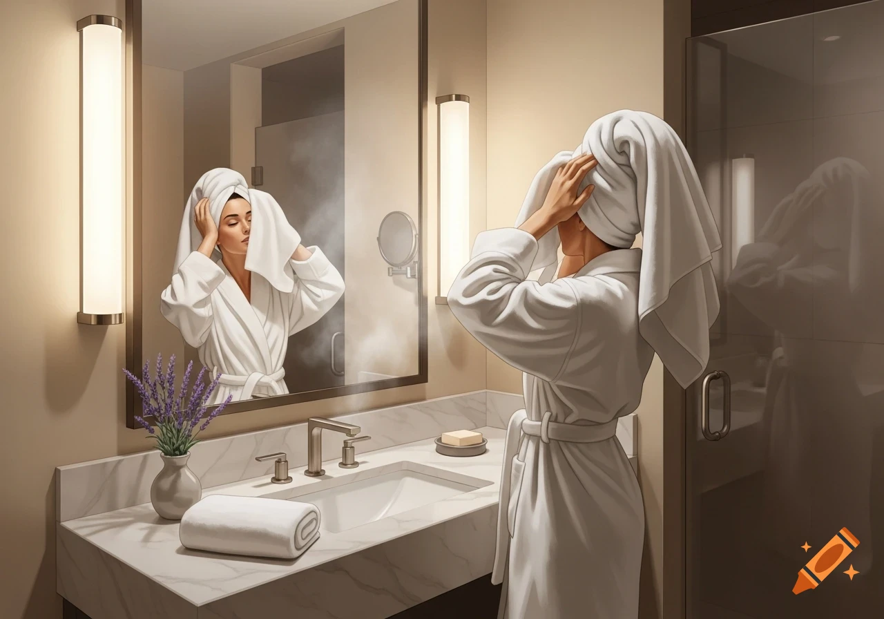 A woman in a white bathrobe dries her hair with a towel, looking at her reflection in a modern bathroom mirror.