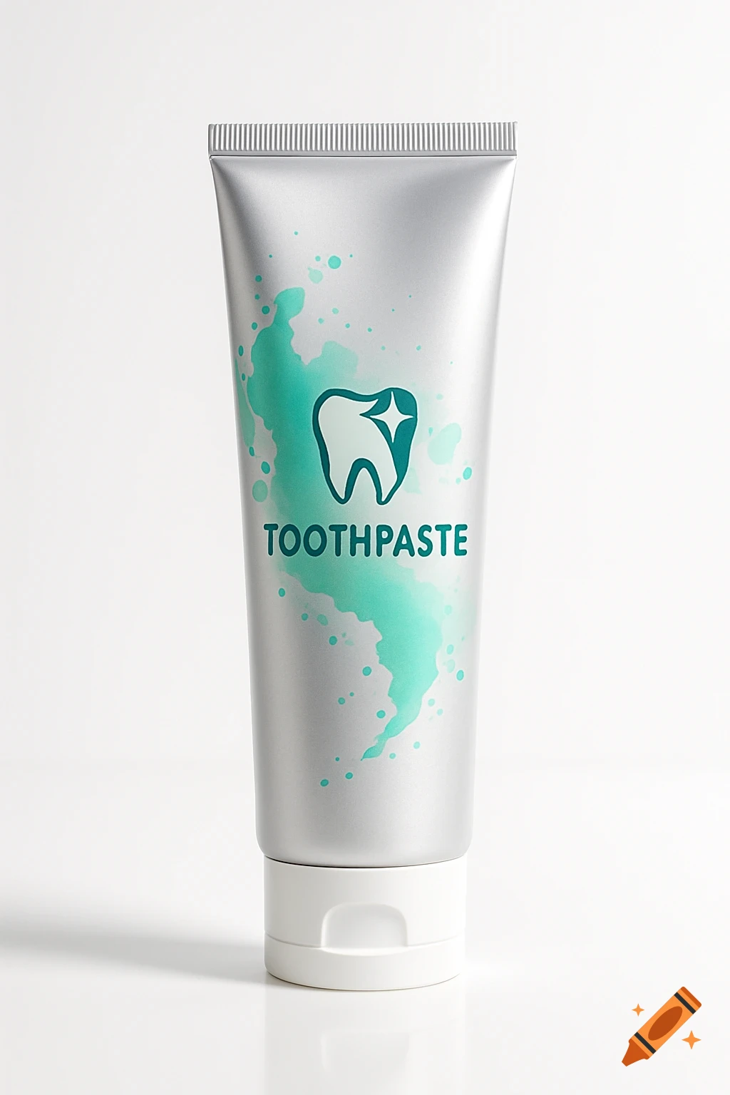 A silver toothpaste tube with a white cap, featuring a teal splash design and a tooth logo above the word "TOOTHPASTE" on a white background.