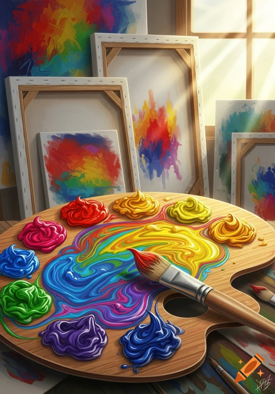 A vibrant artist's palette with swirls of colorful paint and a brush, surrounded by abstract art canvases in a sunlit room.