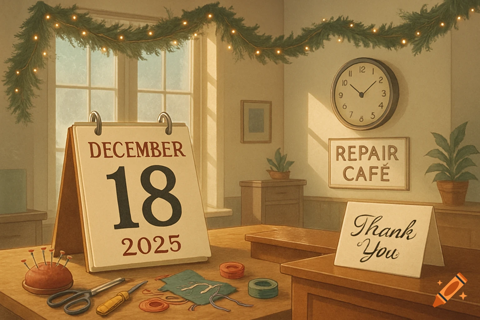 An office scene decorated with Christmas garlands, featuring a desk calendar showing December 18, 2025, a 'REPAIR CAFÉ' sign, and a 'Thank You' card.