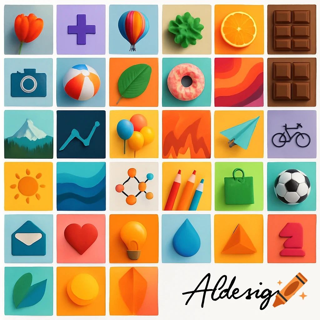 A grid of 36 colorful 3D-style icons featuring various objects and symbols, with the text "Aldesign" at the bottom right.