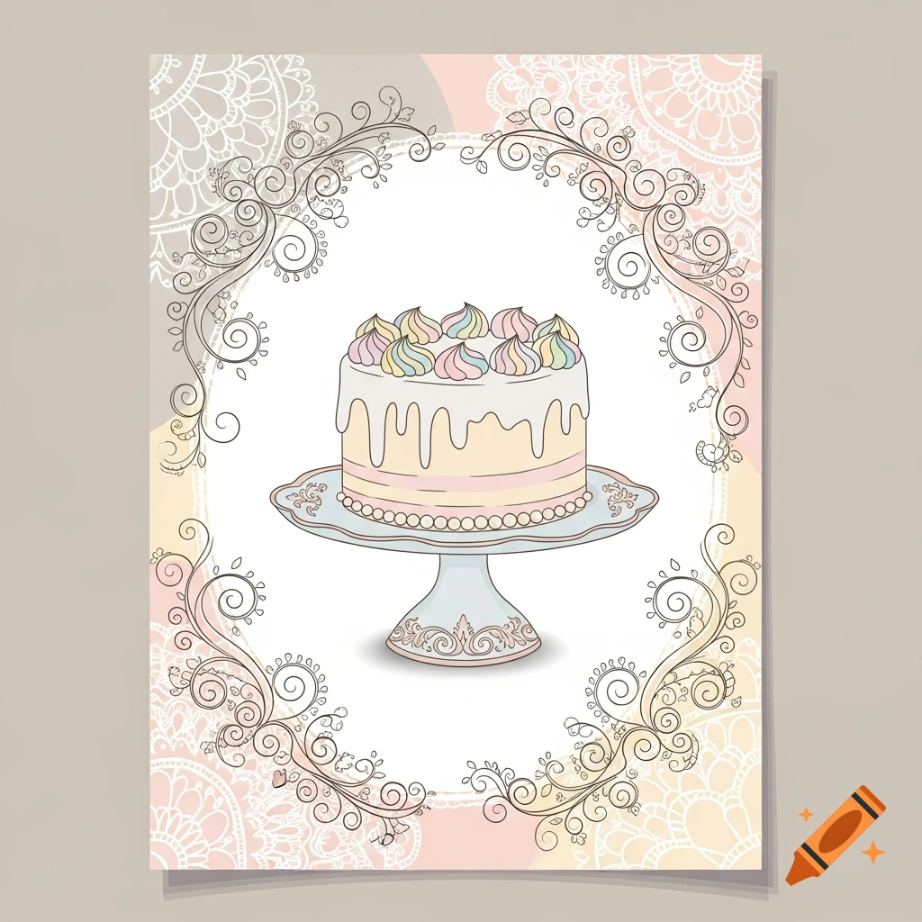 An illustrated invitation card featuring a pastel layer cake with colorful meringue swirls on a cake stand, framed by ornate floral scrolls.