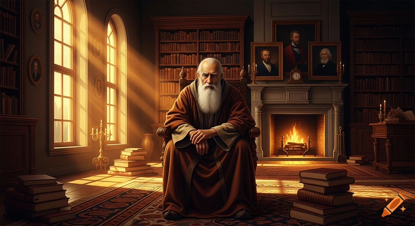 An old man with a long white beard sits in a chair in a sunlit classical library with bookshelves and a fireplace.