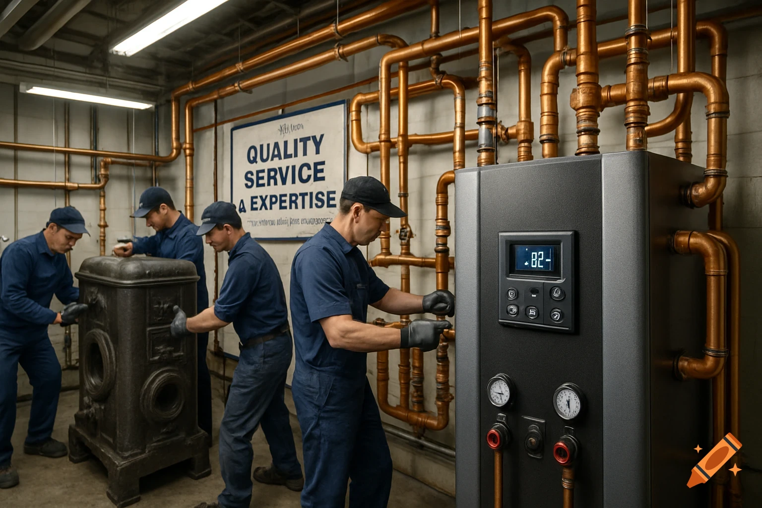 Four technicians in blue uniforms and caps work on large industrial machinery and copper pipes in a maintenance room, with a sign in the background.