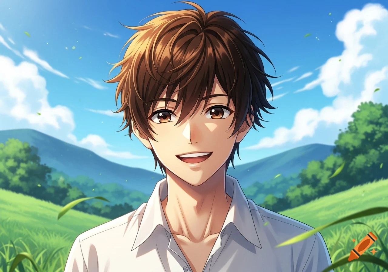 An anime boy with brown hair and brown eyes smiles in a sunny green field under a blue sky.