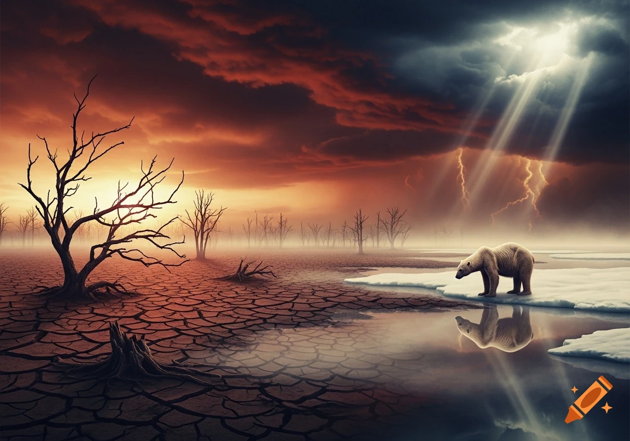 A polar bear on melting ice in a desolate landscape with cracked earth, bare trees, and a stormy red sky with lightning.