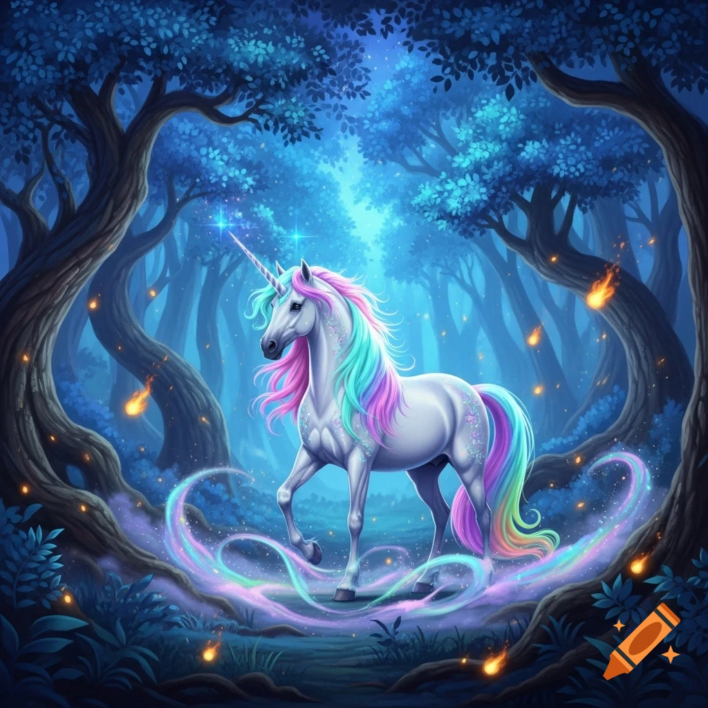 A majestic white unicorn with a vibrant rainbow mane and tail stands in a mystical, dark blue forest with glowing ethereal light.