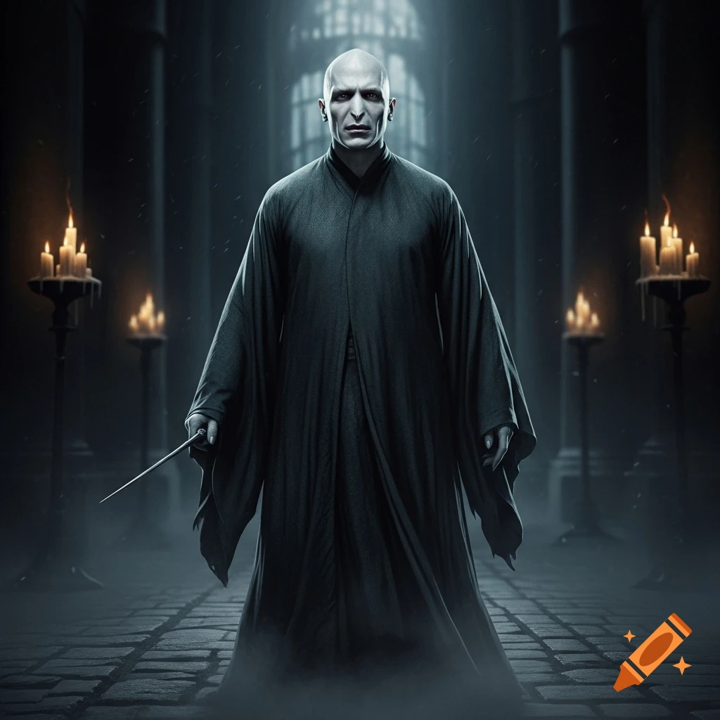 Photorealistic depiction of Voldemort in a dark, atmospheric gothic hall, holding a wand, with lit candles.