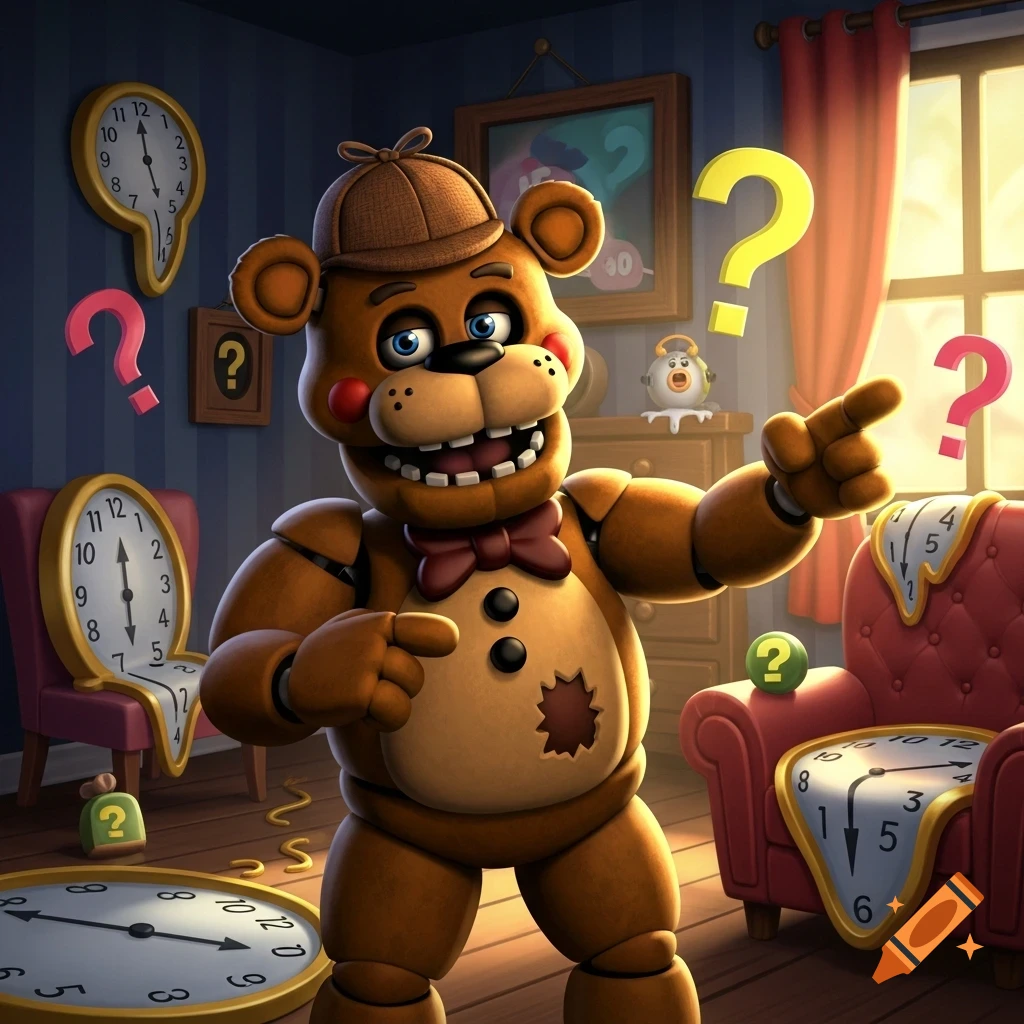 A cartoon animatronic bear in a detective hat points in a surreal room with melting clocks and floating question marks.