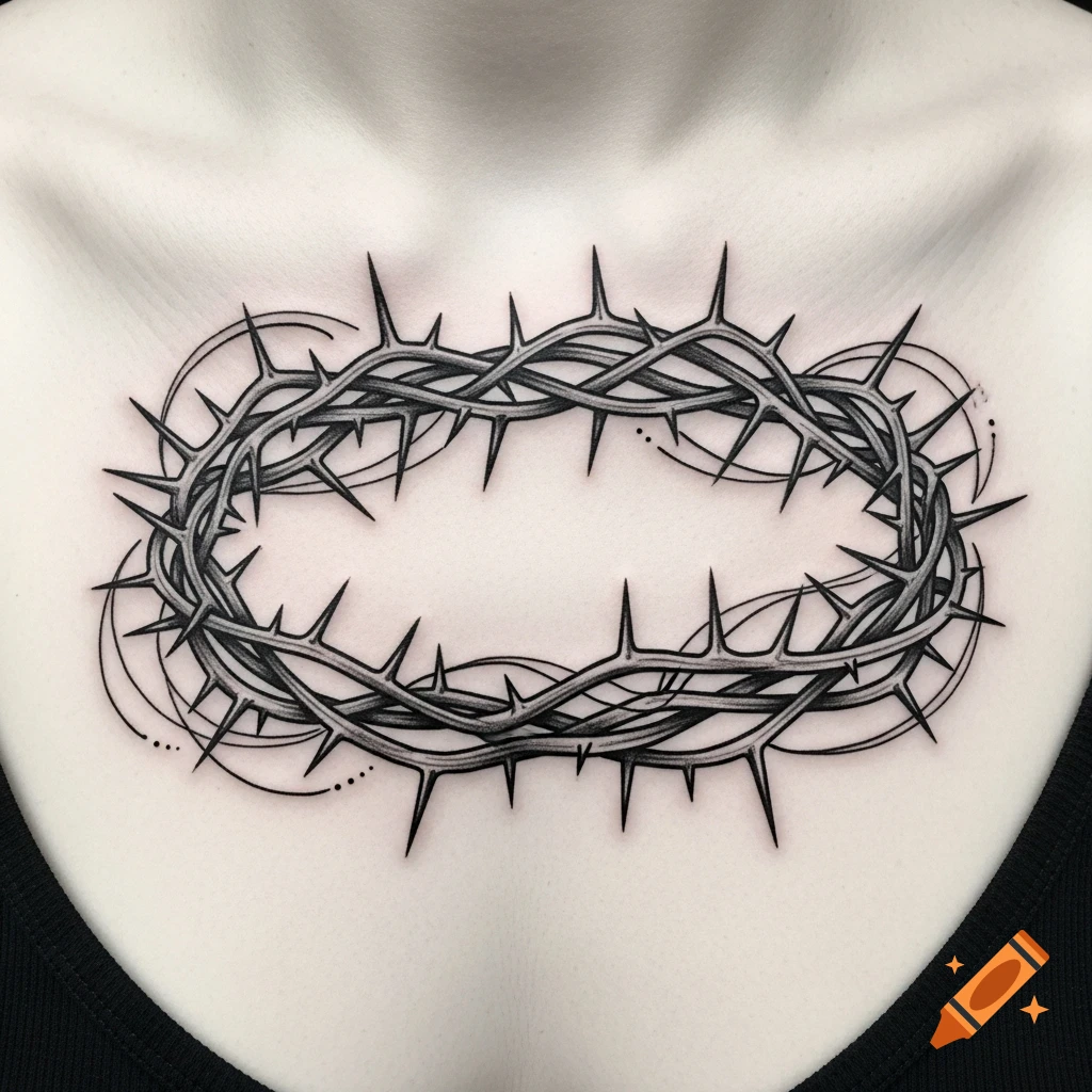 Detailed black and white crown of thorns tattoo on a person's upper chest.