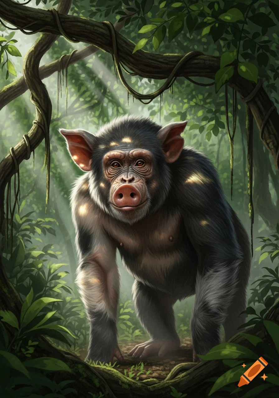 Photorealistic image of a pig-chimpanzee hybrid creature standing in a lush jungle with sun rays filtering through the canopy.