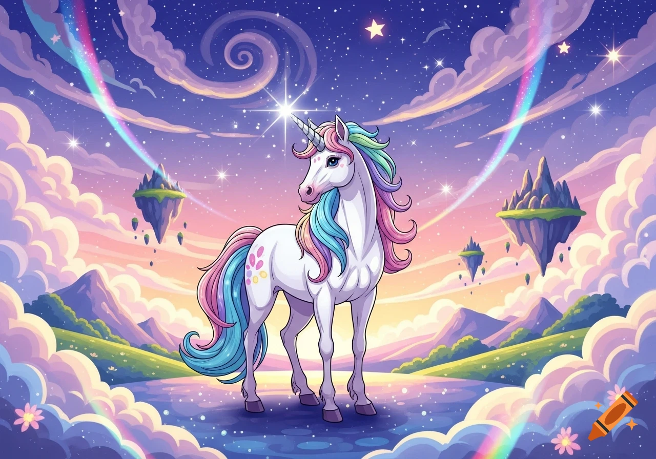 A vibrant cartoon unicorn with a rainbow mane and tail stands in a mystical landscape with floating islands and a starry sky.