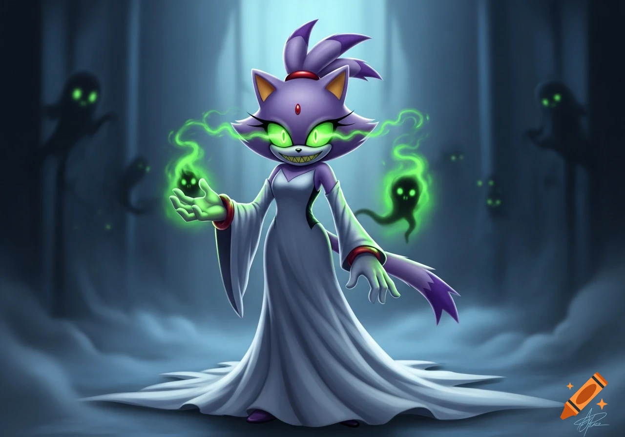 Cartoon Blaze the Cat in a white dress with glowing green eyes and a maniacal grin, casting green magic in a spooky, misty setting with ghost figures.