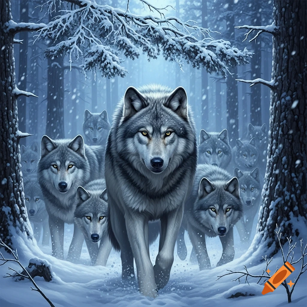 A pack of grey wolves walks through a snowy forest during a snowfall, with dense trees in the background.