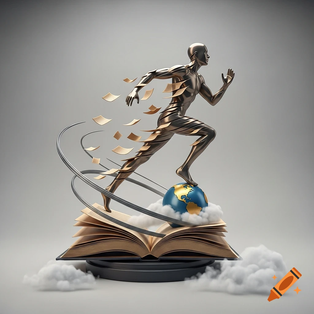 A bronze segmented figurine of a running person on a globe above an open book, with swirling ribbons, paper, and clouds.
