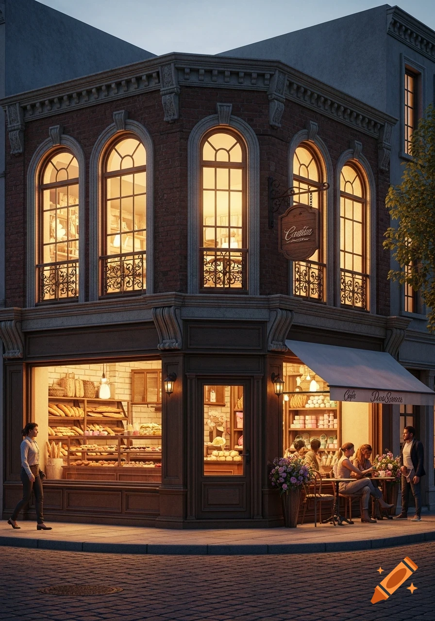 A hyperrealistic night street view of a charming brick bakery and cafe building with illuminated windows, people dining outside, and a woman walking on the cobblestone sidewalk.