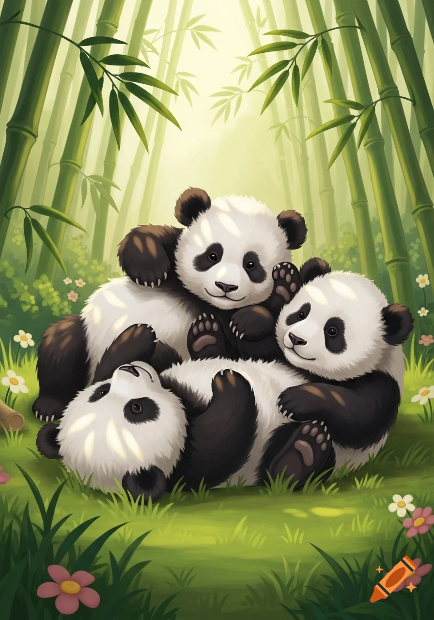 Three cute cartoon baby pandas play and roll on green grass amidst a bamboo forest with flowers.