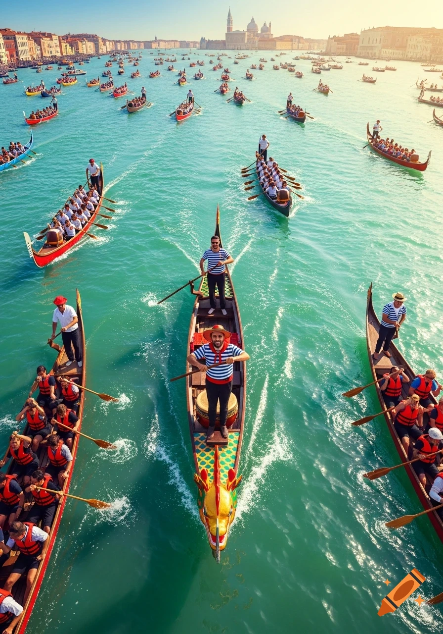 A high-angle view of many traditional Venetian boats, including a dragon boat, participating in a regatta on the Grand Canal in Venice, Italy.