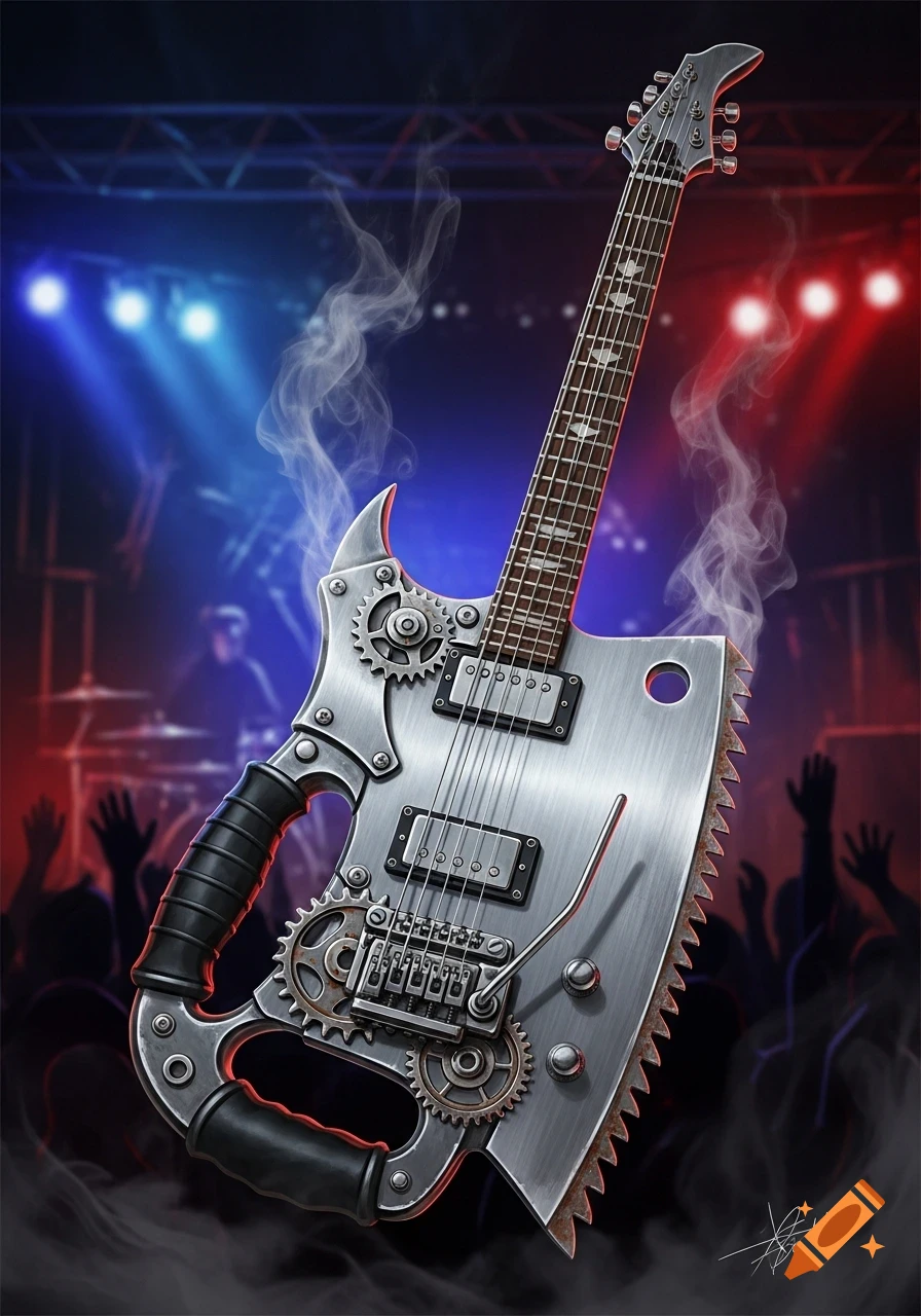 A detailed, custom electric guitar with a saw blade body, gears, and metal plating, on a concert stage with red and blue lights and a silhouetted crowd.
