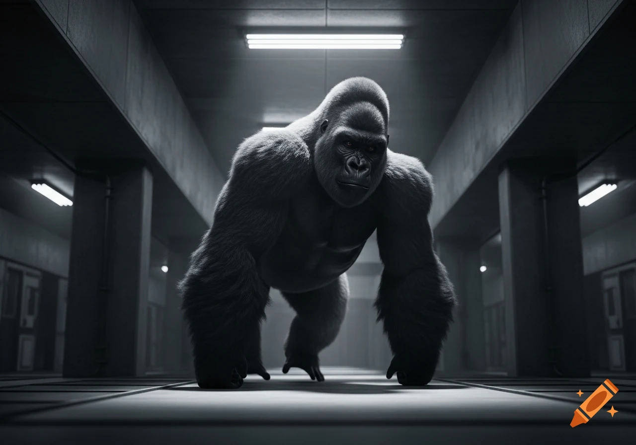 A large, monochromatic gorilla walks on all fours down a dimly lit concrete corridor with fluorescent lights above.