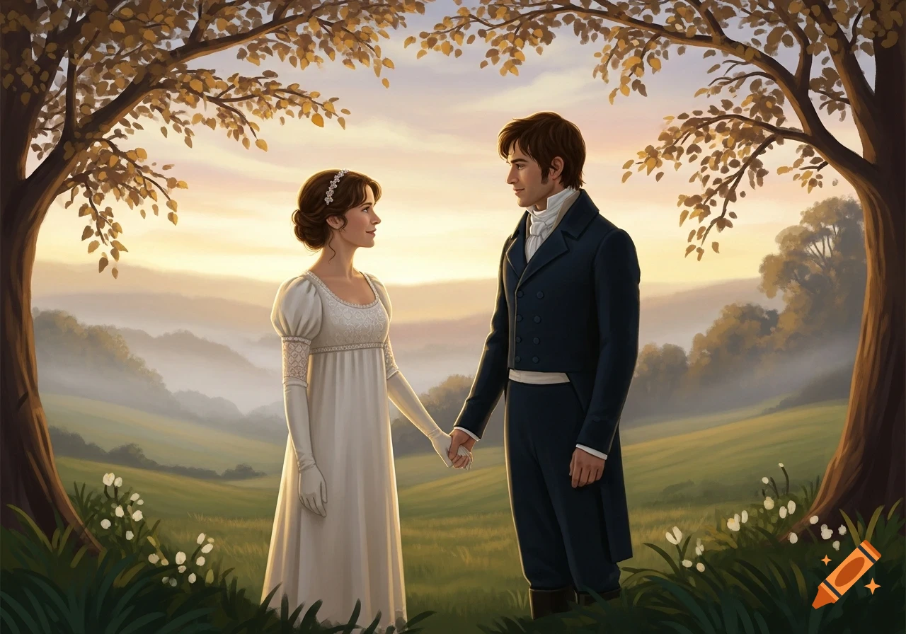 A man and woman in historical attire stand hand in hand under two trees with autumn leaves, looking at each other in a hazy, idyllic landscape.