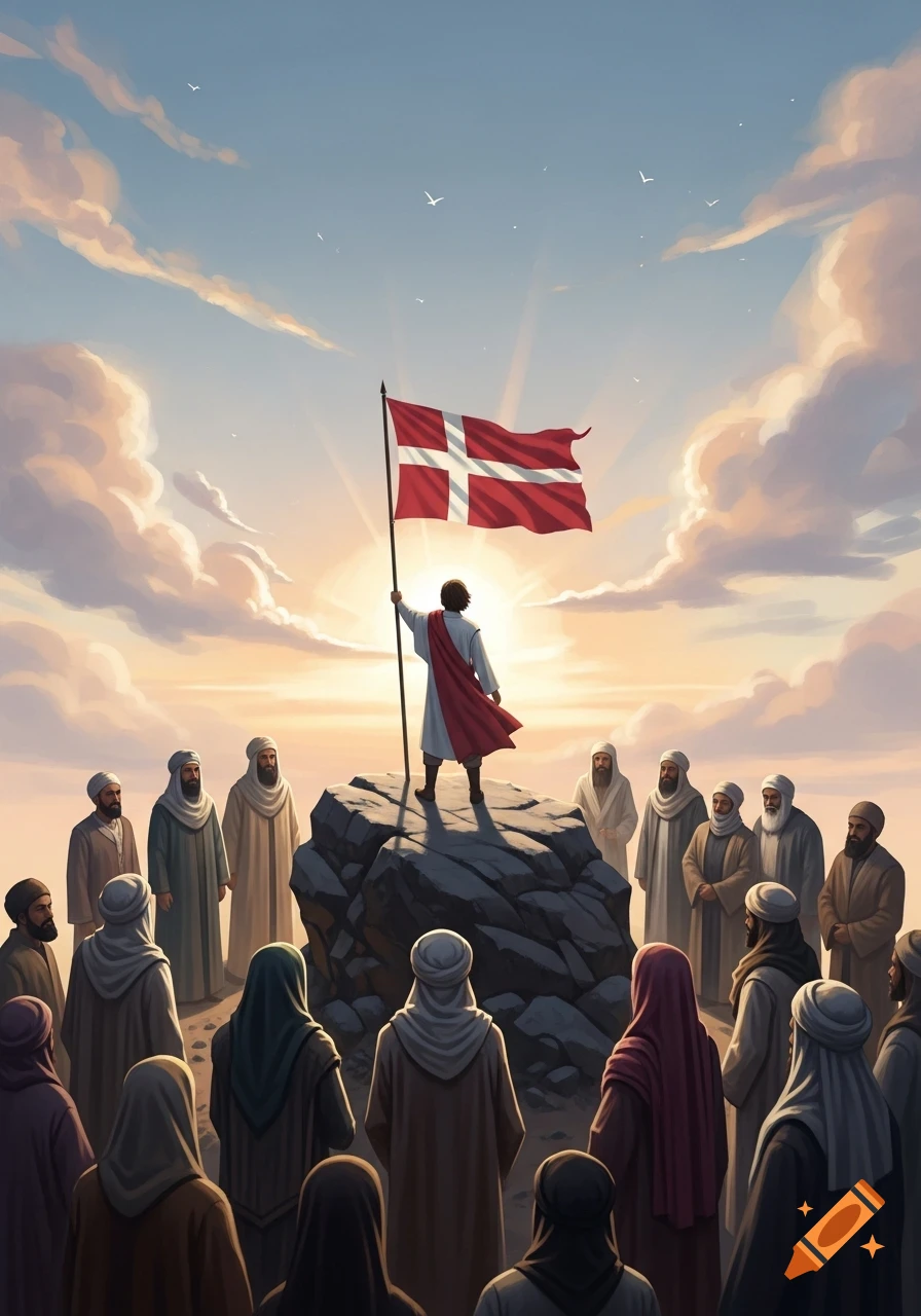 An illustrated scene of a figure standing on a rock holding a Danish flag, surrounded by a crowd of people at sunrise.