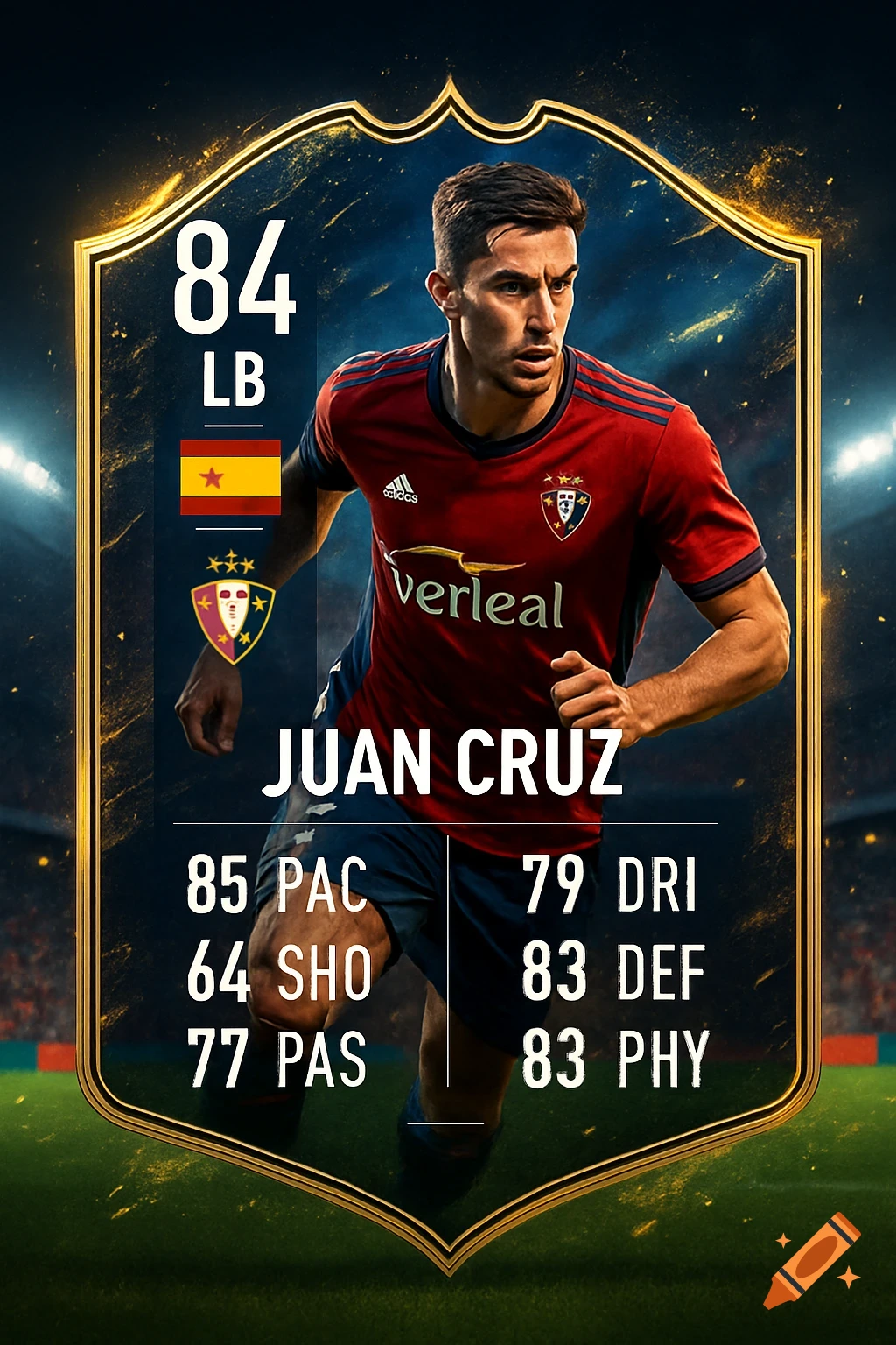 A stylized sports trading card featuring soccer player Juan Cruz with stats, against a stadium background.