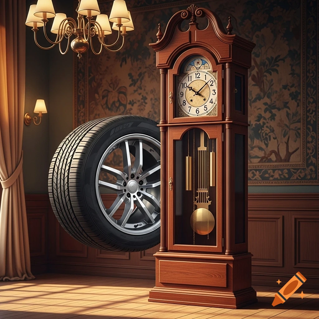 A photorealistic image of a wooden grandfather clock standing next to a floating car tire and rim in a dimly lit, ornate room.