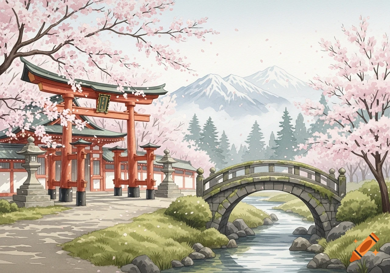 Watercolor anime landscape of a Japanese shrine with a red torii gate, a stone bridge over a river, cherry blossoms, and distant mountains.