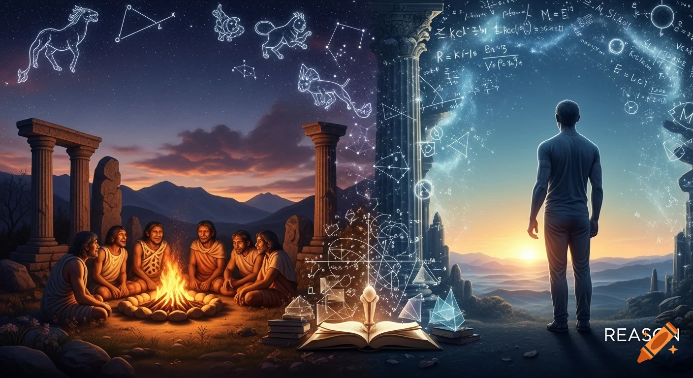 A symbolic image contrasting ancient myth with modern reason. Cavemen gather around a fire under constellations, while a modern man gazes at a sky filled with equations.